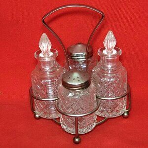 Vintage Cruet Set Condiment Caddy Salt Pepper Vinegar Oil Lids